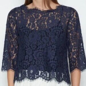Joie Elvia Button Back Eyelash Lace Scalloped Sheer Midnight Blue Blouse Medium